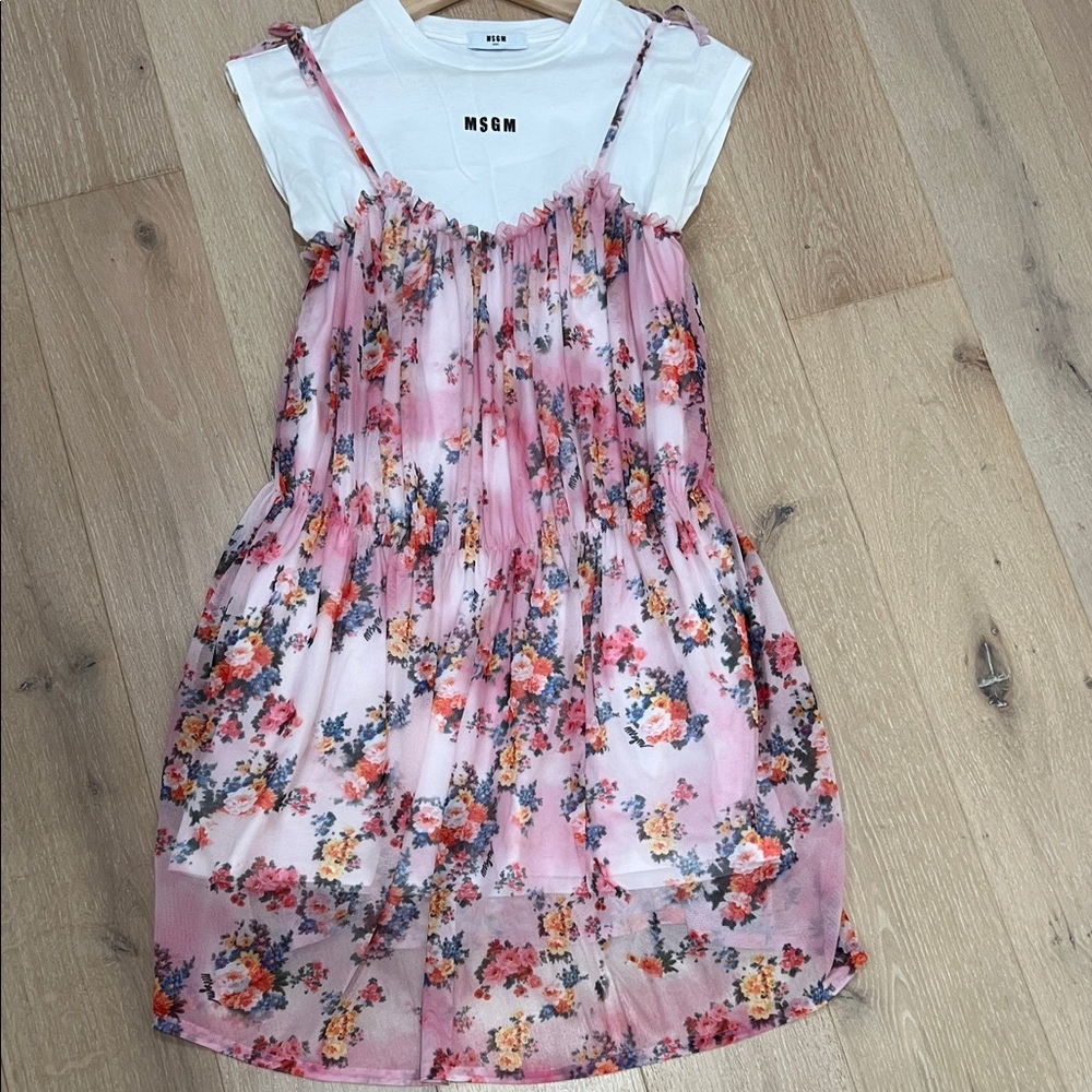 MSGM Pink Floral Overlay Dress with White Tee